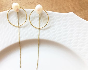 Statement Earrings with Baroque Pearls // 2in1 // Modern, geometric Earrings // Sterling Silver