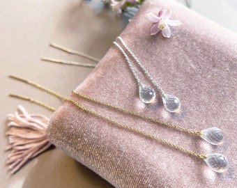 Delicate Pull-Through Earrings in Sterling Silver with Rock Crystal // Earrings with faceted gemstone drop