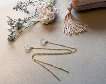 Delicate Pull-Through Earrings in Sterling Silver with Chalcedon // Earrings with faceted gemstone drop