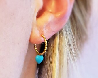 Hoop Earrings with Turquoise Heart // Chic Earrings with Turquoise Pendant // Sterling Silver