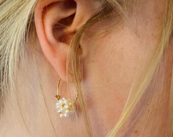 Hoop Earrings with Mother of Peal Moon // Chic Earrings with Mother of Pearl Pendant // Sterling Silver