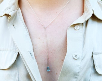Delicate Necklace in Sterling Silver with Topaz // Y-Necklace with faceted gemstone drop