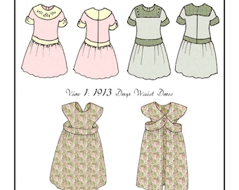 1913 Drop Waist Dress & Buttoned Bib Schort 18in Doll Pattern