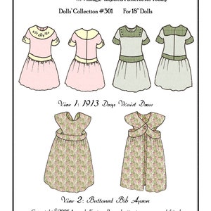 1913 Drop Waist Dress & Buttoned Bib Apron 18in Doll Pattern image 1