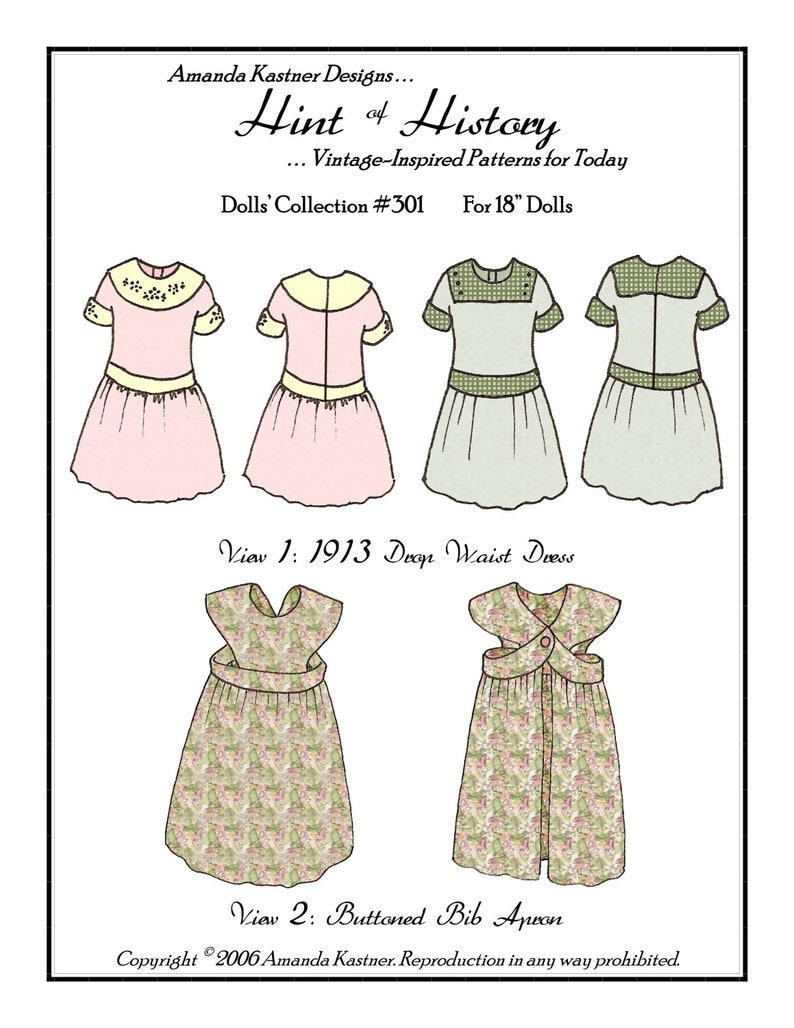 1913 Drop Waist Dress & Buttoned Bib Apron 18in Doll Pattern zdjęcie 1