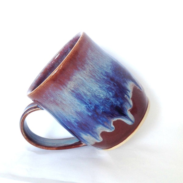 Handmade Stoneware Mug, White and Blue Cascade and Red Ceramic Coffee Cup, Pottery Tea Mug Made in UK