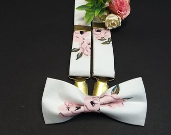 Groomsmen bowties braces necktie IVORY blush pink blossomsfmatching suspenders proposal bowties Father of the Bride gift ideas Spring