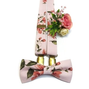 Dusty pink Salmon floral fabric bowtie suspenders necktie Groomsmen wedding ties toddler mens boutonniere Pink wedding ideas Usher Officiant