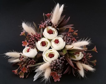 Rustic wedding boutonniere bunny tail dry flowers buttonholes Fall berries autumn blossom groomsmen flower pin groom Usher Officiant Father