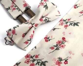 Dusty pink Salmon floral fabric bowtie suspenders necktie Groomsmen wedding ties toddler mens boutonniere Pink wedding ideas Usher Officiant