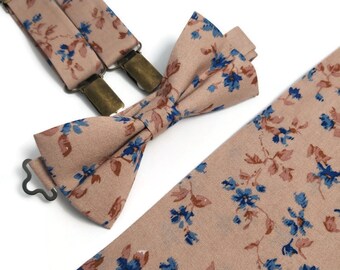 Dusty pink Salmon floral fabric bowtie suspenders necktie Groomsmen wedding ties toddler mens boutonniere Pink wedding ideas Usher Officiant