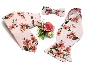 Dusty pink Salmon floral fabric bowtie suspenders necktie Groomsmen wedding ties toddler mens boutonniere Pink wedding ideas Usher Officiant
