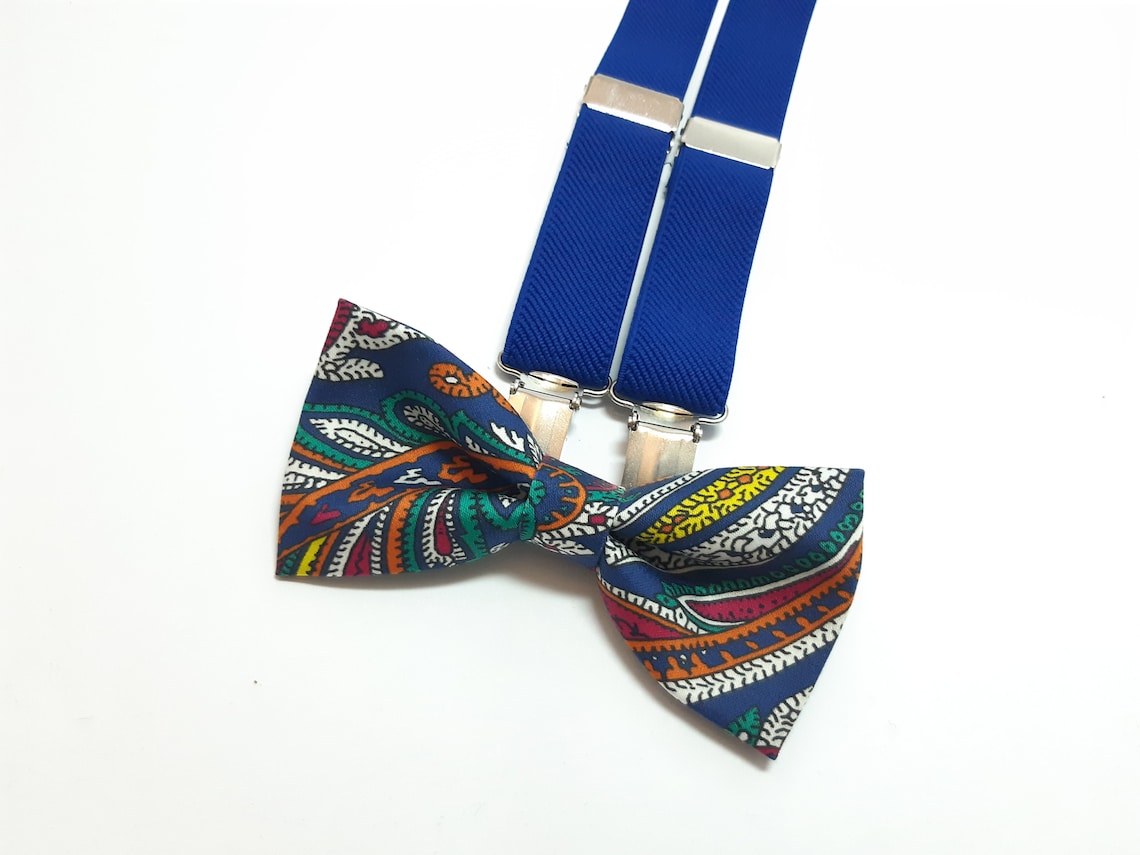 Bright Paisley Bow Tie COBALT Blue Suspenders Elastic Yback Etsy
