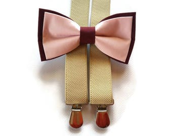 Beige suspenders+burgundy and blush bowtie for wedding outfit for ring boys bearer grromsmen