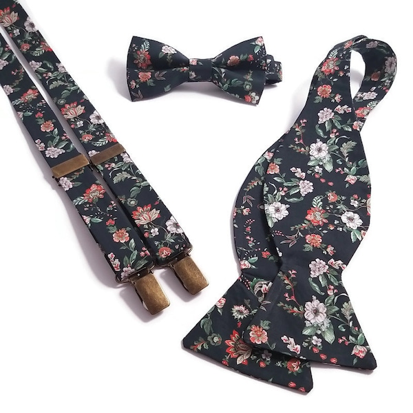 BLAcK OranGe White Floral Suspenders Bow tie Man Ringboy Wedding outfit Groomsmen neckties Groom hanky Father of the Bride Brother Boyfriend