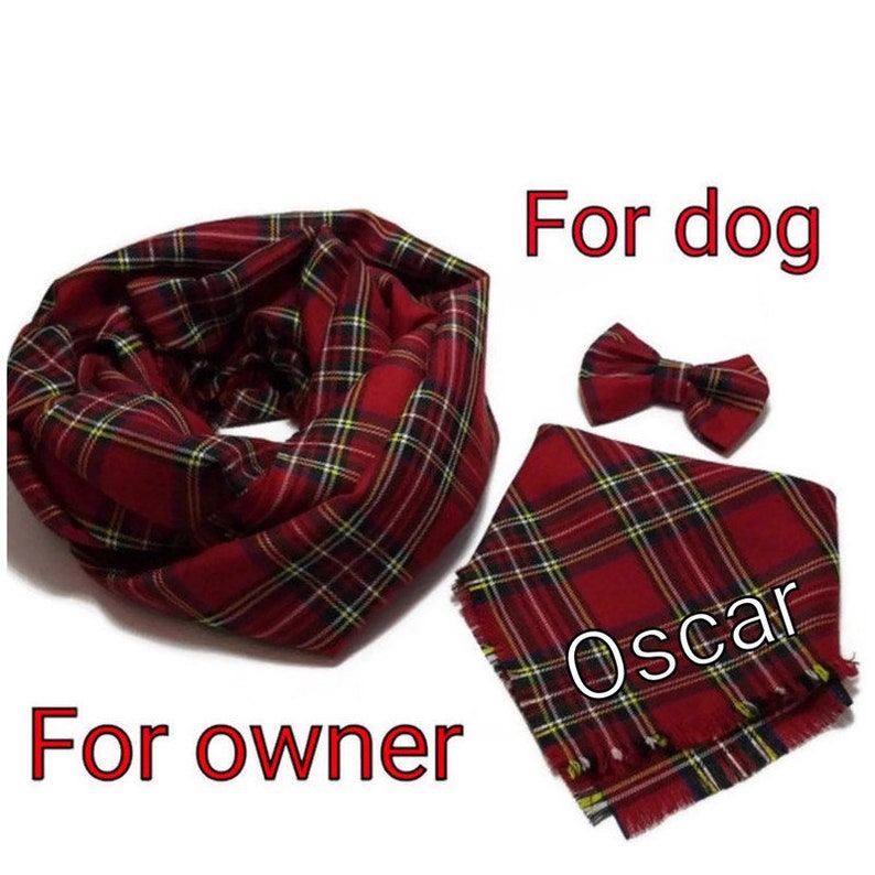 Christmas bandanas for dogs Mom matching scarves owners Xmas photoshoot outfits Family holiday green red tartan Human Dad bowtie Petneckwear 