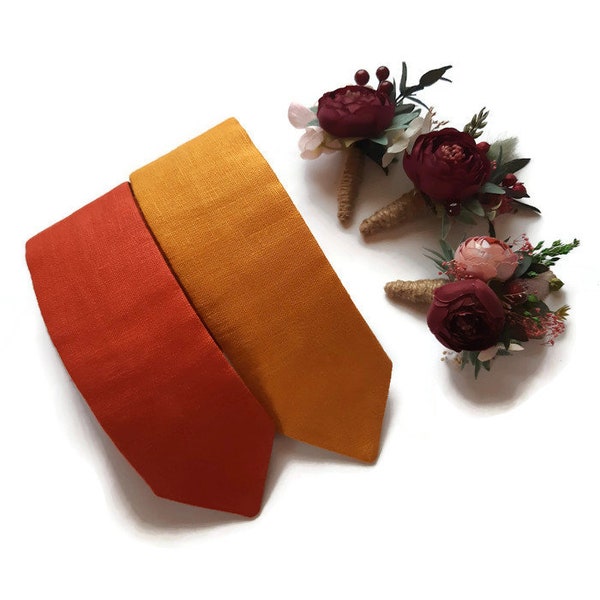 Set of 2 LINEN ties,MUSTARD+RUST bow ties,wedding outfit for groom,groomsmen self ties,ring bearers pocket squares,dog bow tiesbuttoholes