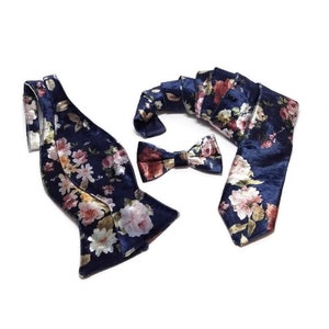 Navy blue floral VELVET bow tie matching suspenders slim necktie self tie scarf pocket square groom groomsmen wedding ring bearer set