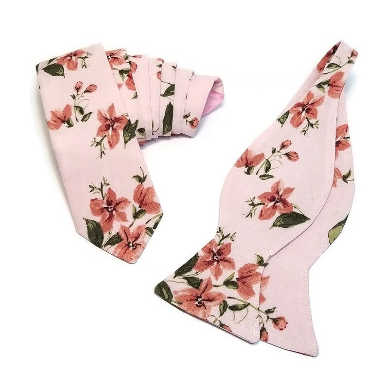 Dusty pink Salmon floral fabric bowtie suspenders necktie Groomsmen wedding ties toddler mens boutonniere Pink wedding ideas Usher Officiant