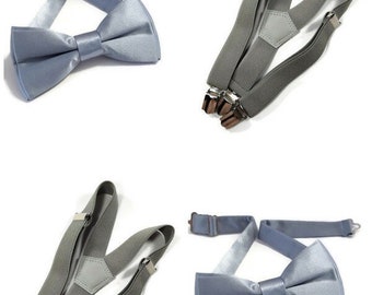 Groom Groomsmen BOWTIE Gray dusty blue SATIN bowtie for men children size Light grey elastic suspenders Baby boy set Father's Day gift idea