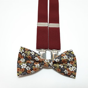 MARSALA Yback suspender burgundy brown white yellow floral bow ties groomsmen tie, groom, ringbearer ,flower girl, hair bow, dog bowtie A482