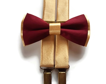 burgundy+GOLD wedding,bow tie GOLD suspenders,boys ringbearer outfit,groomsmen bowties,groomsmen suspendes,bow tie groom,toddlerinfantsets