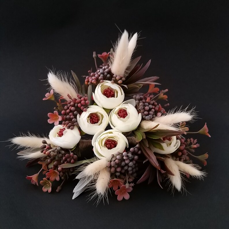 Rustic wedding boutonniere bunny tail dry flowers buttonholes Fall berries autumn blossom groomsmen flower pin groom Usher Officiant Father