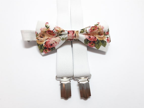 WHITE suspenders WHITE roses floral bow tie wedding set for | Etsy