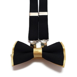 Gold+Black bow tie,Black elastic suspenders,groomsmen bowties,groom weddings,ringbearer sets,golden neckties boys,father bride groom,usher