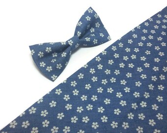 Light bkue cotton denim white tiny flowered bow tie men's size boys groom groomsmen accessories wedding outfit adult blossoms necktie A482/8