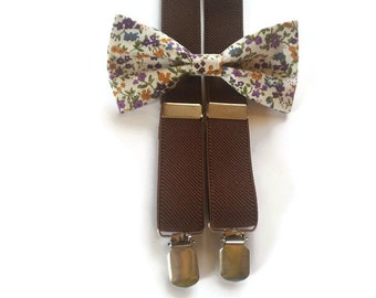 BROWN braces,white violet mustard,floral bow tie,ring bearer,little boys guys,groomsmen groom,infant toddler winter,wedding suspenders,sheeq