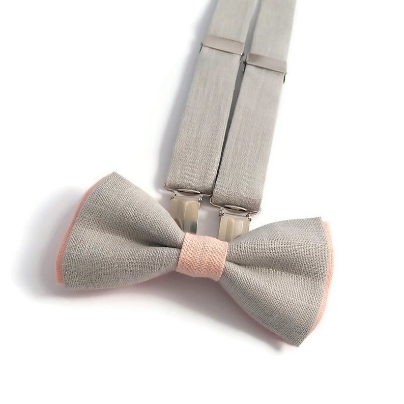 Nude colors wedding slate gray and peach linen double colored bow tie set matching suspenders ringbearer outfit ideas men groomsmen Groom