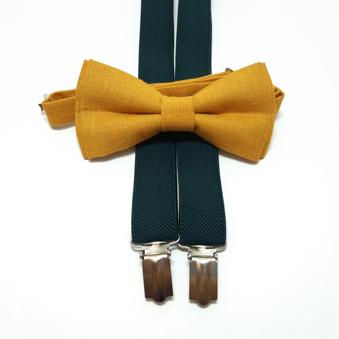 EMERALD GREEN Suspenders MUSTARD Linen Bow Tie Wedding Set Ring Bearer