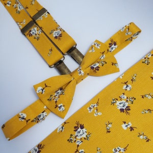 Mustard beige brown floral set of bowtie matching suspenders man Groosmen Ringbearer outfit Wedding Father-in-law necktie handkerchief Groom