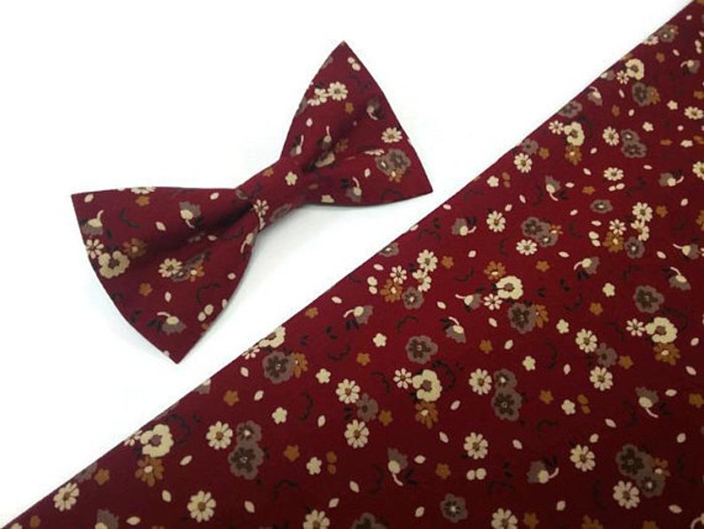 burgundy beige floral2 skinny ties groomsmen ties wedding outfit for ring bearer outfit for groom marsala floral bow tie gift father gift image 3