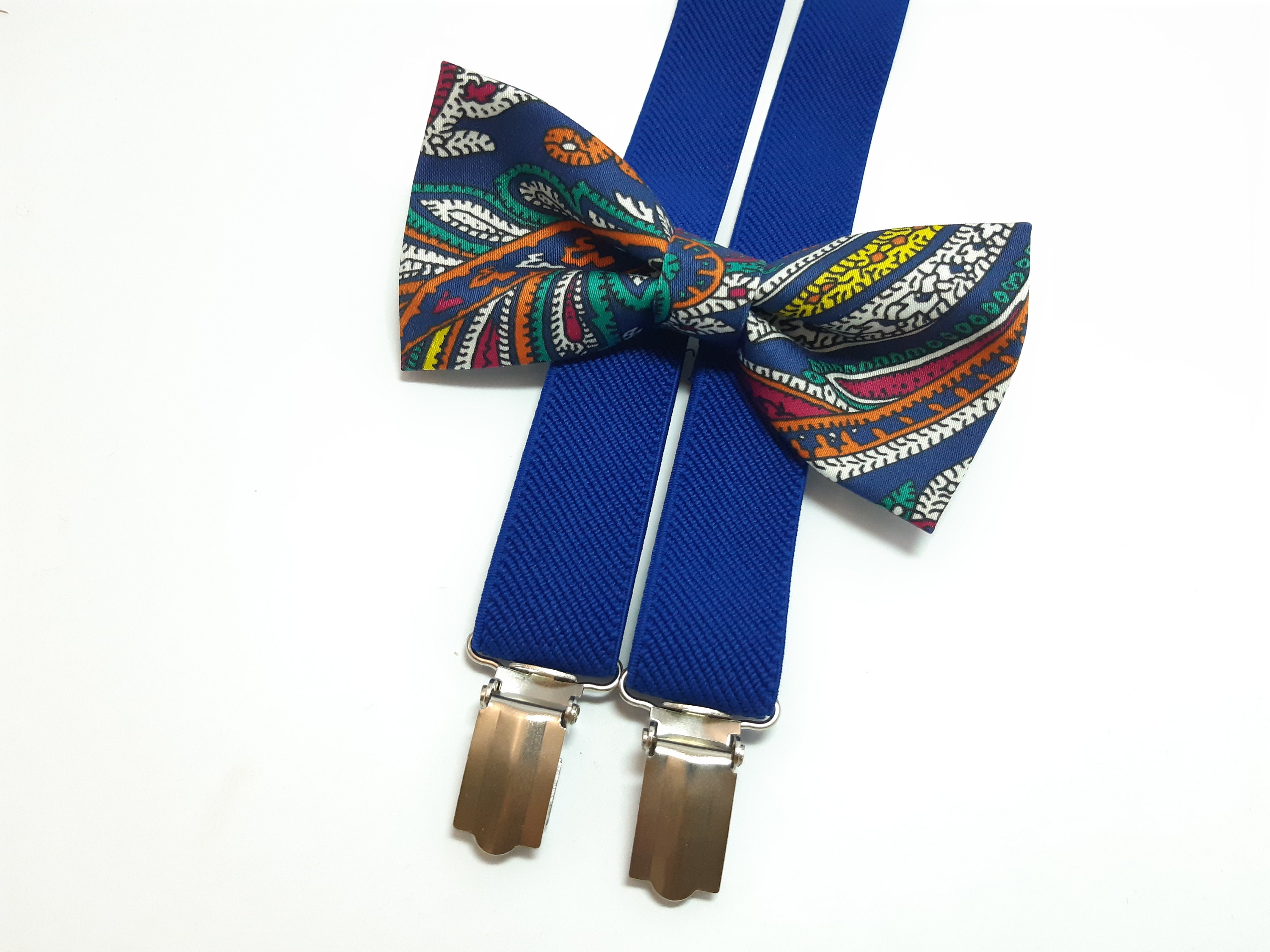 Bright paisley bow tie COBALT blue suspenders elastic Yback Etsy