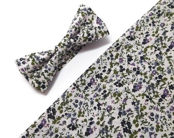 wedding floral bow tie white hunter green purple vilet tiny blossoms bow ties for groom, groomsmen, ring bearer, baby boys, men, toddler