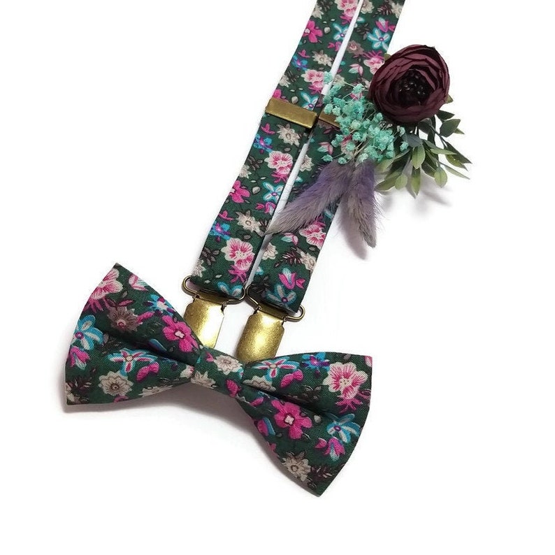 Emerald pink fuschia blue  floral bow tie boutooniere set neck tie groomsman whimsical industrial wedding toddler neck tie dog bow tie youth