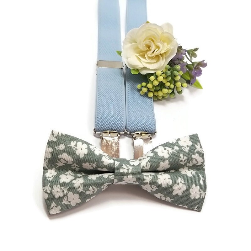PALE BLUE Suspenders Silver Sage White Tiny Blossoms Necktie - Etsy