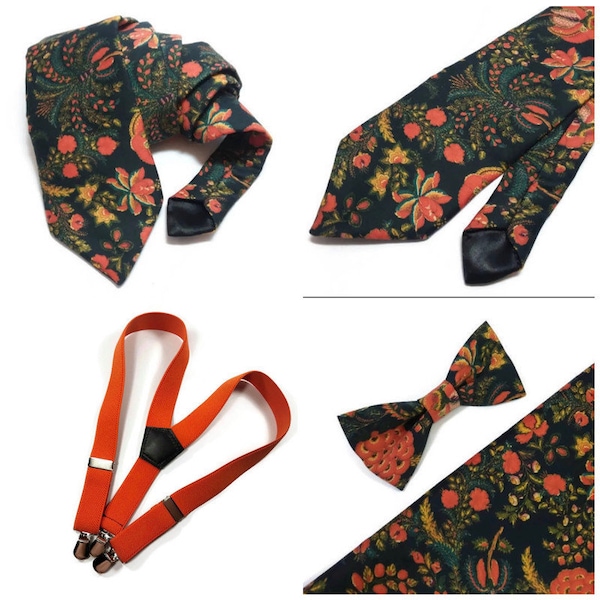 Orange and black fall floral necktie bowtie Halloween ringbearer set autumnal wedding accessories groomsmen groom Best man regular tie child