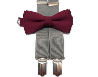 BURGUNDY plain bow tie,Y-back GRAY suspenders,Y-back braces boys men,groomsmen bow ties,groom necktie,ringbearer set,for dog,wedding tie