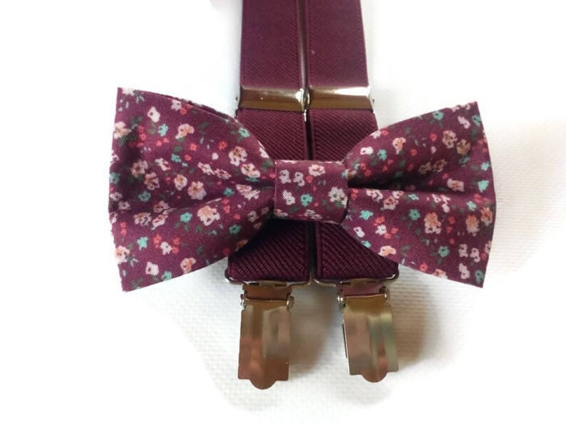 Burgundy tiny floral bow tie suspenders Etsy
