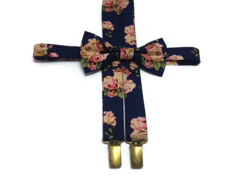 NAVY blue floral bow tie and matching suspenders roses Etsy