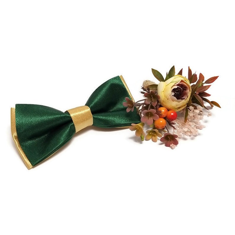 EMERALD GREEN GOLD satin wedding ideas for groomsmen double layered bow tie gold suspenders weddings boutonnieres toddler infant golden tie