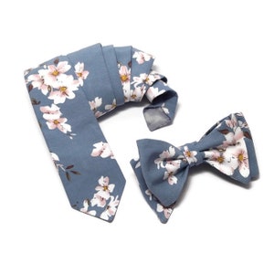 DUSTY blue WEDDING floral bow tie, white sakura regular necktie, men groomgroomsmen,ringbearers outfits,fathersonmatchingclipon Father Bride