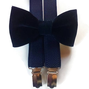 Dark blue Velvet bow tie NAVY  blue suspenders navy wedding outfit toddler ring bearer set for darkblue wedding groomsmen groom BS54/5677