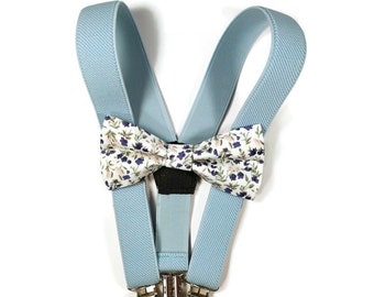 PASTEL blue SUSPENDERS White tiny flowers bow tie men's regular tie ELASTIC suspenders Father's Day gift ideas Spring Summer wedding Toddler