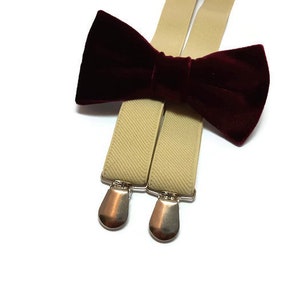 burgundy velvet bow tie and suspenders