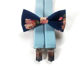 baby blue suspenders set of bow tie dark blue in roses chabbychic pattern kids bow ties ring bearers outfit groomsmen groom wedding ju/8Hf8