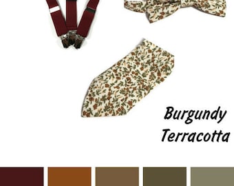 BURGUNDY ECRU brown TERRACOTTA blooms bowtie Bordo wedding Ringbearer boys Page boy outfit Groom necktie Groomsmen suspenders ring holder